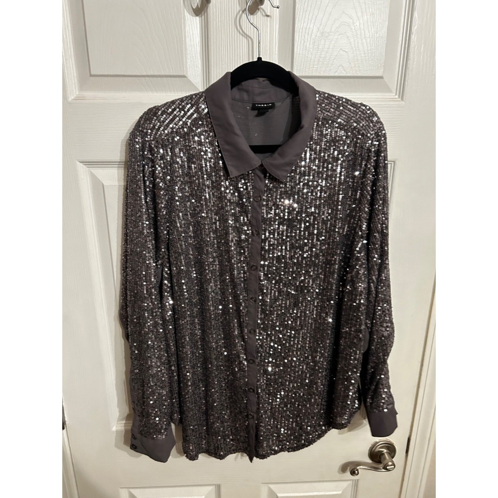 Torrid Size 2 Madison Sequins‎ Button Front Shirt Long Sleeve Blouse Purple - Picture 11 of 15